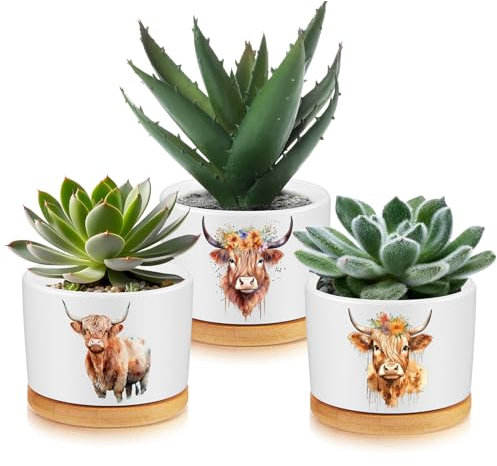 Jingmore 3pcs Highland Cow Ceramic Planters, Neutral Color, Included Bamboo Trays, 2.5''x3.15'', Indoor Use, Gift for Women, Farm House Decorations