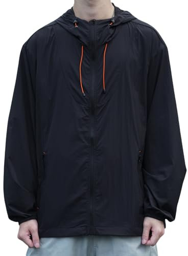 Summer Sunwear UPF 50+ Sun Protection Hoodie Jackets for Men, Lightweight Workout Sun Jacket UV Shirt with Zippered Pocket Long Sleeves for Outdoor Running Hiking Fishing XS-XXL, Black, S