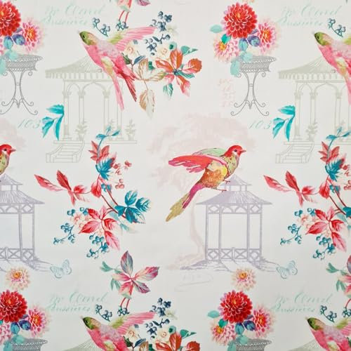Stoff Meterware Baumwolle 0,5 m Satin Romance weiß bunt Blumen Vögel Dekostoff Baumwollstoff Vorhangstoff