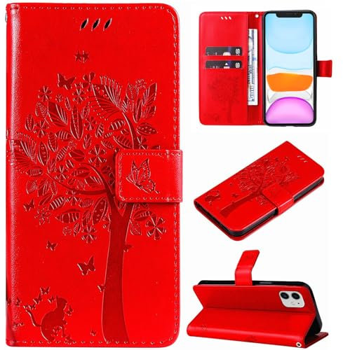 Hancda Case for iPhone 11, Leather Case Wallet Flip Cover with Card Holder Slot Flowers Design Pattern Magnetic Stand Strap Shockproof Protective Phone Case Cover for iPhone 11,Red