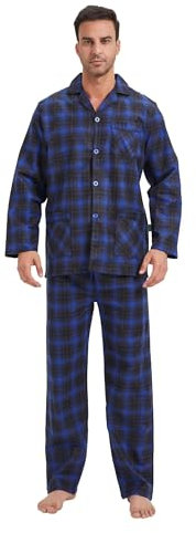 GLOBAL Homme Pyjama Flanelle Ensembles de Pyjama Homme Coton Vêtements de Nuit Haut Deux Pièces Chaud Pyjama Sets Boutonnés à Manches Longues Loungewear Carreaux Bleu/NOI M