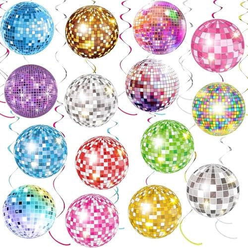35 Stück Discokugel Hängend Wirbel Decken Deko, 70er Jahre Neon Disco Party, Bunte Discokugel Hängende Spiralen, 70er Jahre Party Luftschlangen für 1970er Disco Fever Hippie Rückblick Geburtstag