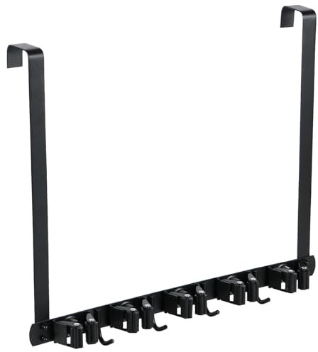 Fyeme Over The Door Broom Mop Holder with 5 Racks and 4 Hooks Stainless Steel Broom Holder Wall Mounted Garden Tool Organizer Garden Tool Organizer Brush Hook for Garage Kitchen Storage