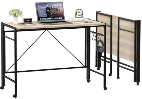 Utlenianie Mesa Escritorio Plegable,110x50x75cm Mesa Escritorio Pequeña con Ruedas, Mesa Ordenador Plegable Escritorios Portátiles para Estudio/Casa Oficina/Montaje Sencillo(Madera-B)