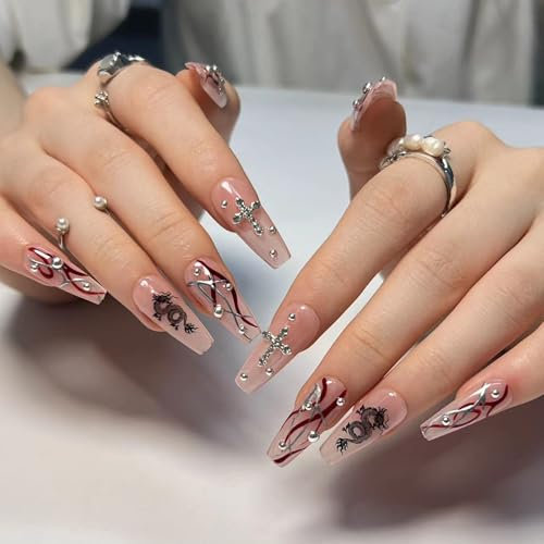 Mgmxbsth 24PCS Medium Almond Press On Nails,Coffin False Nails,Sliver French Tip Stick On Nails, Acrylic Full Coverage Gel Adhesive Nail, Chinese Fake Nails for Women and Girls(Dragon)