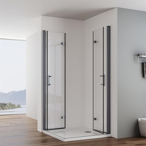 IMPTS Duschkabine Schwarz 90x90cm Eckeinstieg Falttür Doppel Drehfalttür Rahmenlos Faltdusche 180º Duschabtrennung Faltbar 6mm NANO ESG Sicherheitsglas Höhe 195cm, OHNE Duschwanne