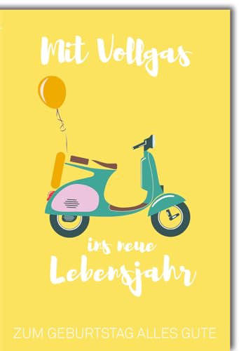 Verlag Dominique Geburtstagskarte Glückwunschkarte Geburtstag Mit Vollgas ins neue Lebensjahr Motiv Vespa Roller mit Luftballon gelber Hintergrund Text Zum Geburtstag alles Gute mit Umschlag