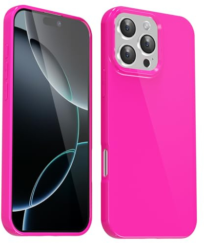 Svanove for iPhone 16 Pro Case Silicone, Glossy Soft Rubber Gel Jelly Cute Protective Plastic Simple Plain Phone Case Cover for Women Girl, Slim Thin Flexible Shockproof TPU, Neon Hot Pink