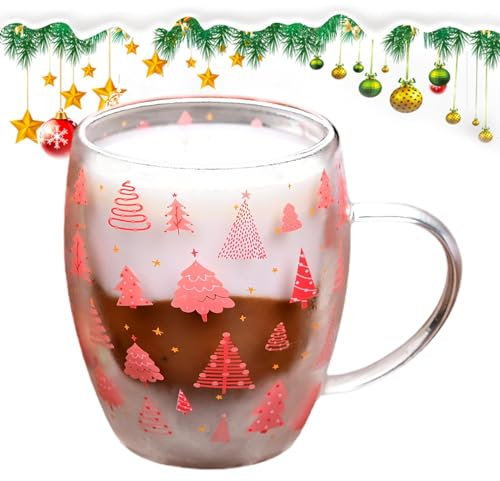 Tazas de Navidad | Taza de café aislada con asa, diseño de árbol de Navidad rojo, taza de vidrio decorativa para vacaciones y cumpleaños