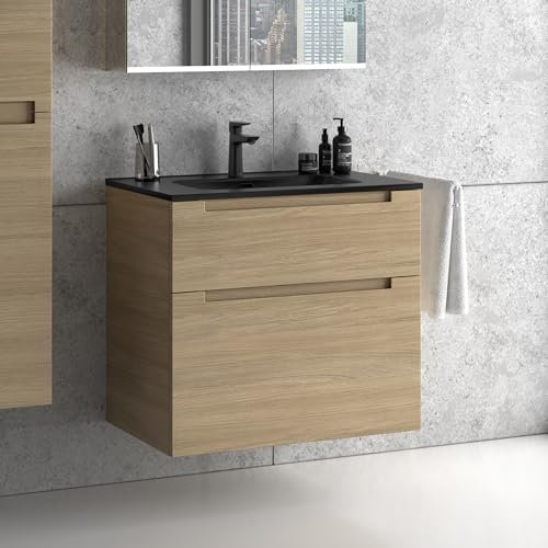 Zentrobad Premium Waschbecken schwarz mit Unterschrank matt lackiert 80 cm Waschtisch Badmöbel Badezimmer Schrank Badschrank mit Zwei Schubladen (Eiche Natur)