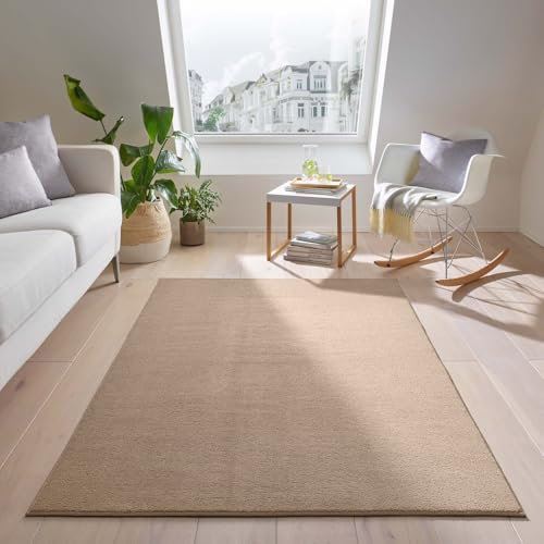 Teppich Kurzflor waschbar sehr weich für Wohnzimmer Esszimmer und Kinderzimmer Flachflor Uni Einfarbig beige 240x340 cm