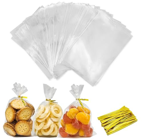 LISOPO 200 Stück Cellophantüten Süßigkeiten Tüten transparente Zellophantüten mit Kabelbinder Partytüten Geschenkbeutel für Hochzeit Geburtstag Weihnachten Tüten(15 x 10 cm)