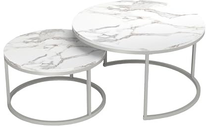 Soayone Couchtisch Marmor Optik, Runder Wohnzimmertisch, Weiß Couchtisch Silber, Satztische fürs Wohnzimmer, Wohnzimmer Tisch für Couch,80 x 80 cm & 60 x 60 cm