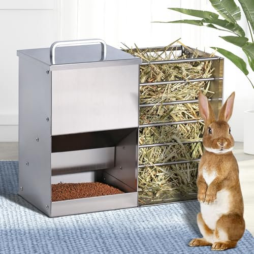 MOGOULUA 2 in 1 Heuraufe Kaninchen Edelstahl Futterspender Heu Kaninchen mit Katzentoilette Wasserflasche Futternäpfe für Hamster Edelstahl Hasenfutterautomat Heuhaltergestell für kleine Haustiere