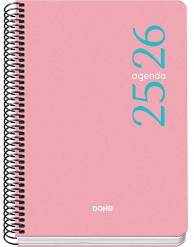 Dohe - Schulagenda 2025 2026 - Wochenübersicht, Größe A5 (15x21 cm), Spanisch und Englisch, September bis Juni, Spiralbindung, Softcover - ESENCIAL Rosa