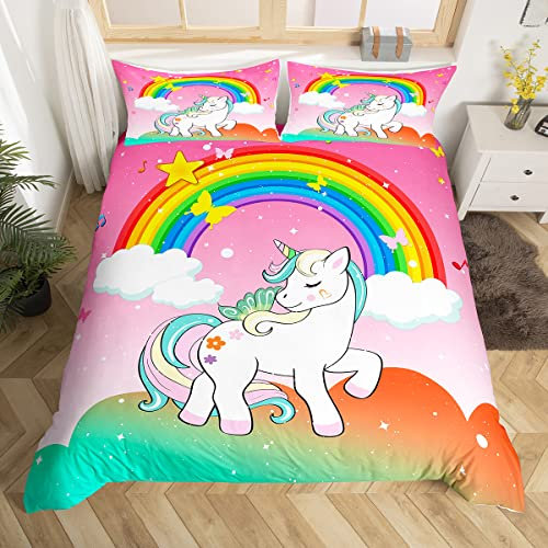 Homewish Housse de Couette 240 x 260 Enfant Fille Licorne Sets de Housses de Couettes Licorne Arc-en-Ciel Kawaii, Parure de Lit Galaxie Étoiles, Couvre Lit Cheval Blanc Floral Rose, Doux