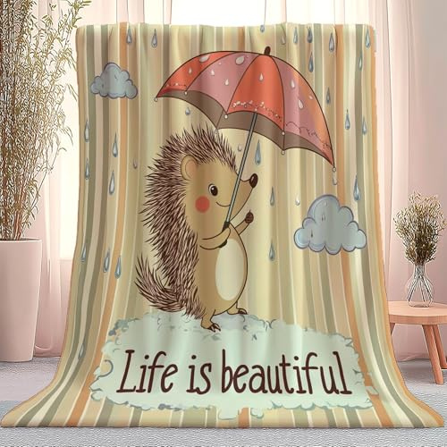 Kuscheldecke Flanell Fleecedecke Niedlicher Cartoon-Igel Wolken, für Wohnzimmer oder Schlafzimmer Beige Bedruckte Sofadecke, weich hautfreundlich pflegeleicht 180 x 200 cm