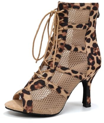 GYUBL Stivali da Ballo Latino Amaricano Donna Tacco con Lacci Scarpe da Ballo Donna Stivaletti da Salsa Jazz Tango Pratica da Sala,L446-7.5-Leopardo,EU36