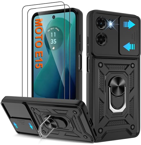 Pilaru Shockproof Case for Moto E15 4G Military-Grade Drop Proof Dual-Layer Protective with Camera Slide Cover | Precision Hole, Built-in Kickstand & 2 Screen Protectors for Moto E15 4G Phone,Black