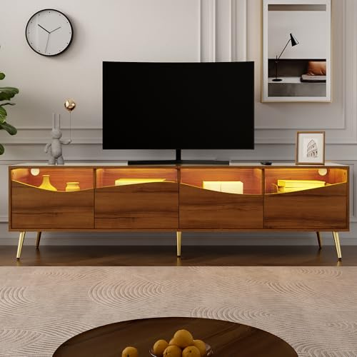 SUKY Moderner TV-Schrank mit LED-Beleuchtung, goldenen Metallfüßen, Glasfront & Stauraum stilvolles Lowboard für Wohnzimmer, 180 x 40 x 50 cm (Holz)