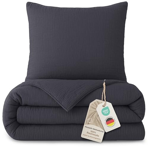 LAYNENBURG Premium Musselin Bettwäsche 155x220 cm + 80x80 cm - Oeko-Tex – 100% Baumwolle – atmungsaktiv & bügelfrei – 3 lagiges Musselin mit Reißverschluss & Haltebändern (anthrazit)