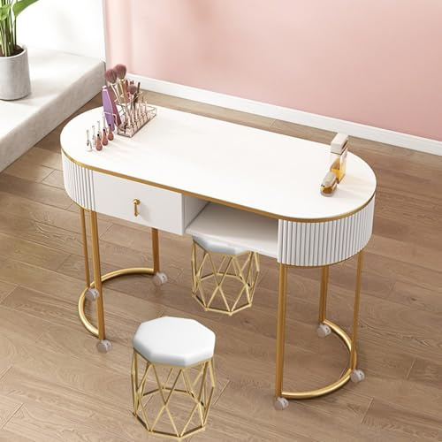 ZOCWJK Stylish Functional Table,Manicure Table Modern Professional Nail Tech Manicure Station with Drawers and Shelves Wooden Nail Desk Workstation for Beauty(Gold White-Wooden Top-100cm 3-Piece Set