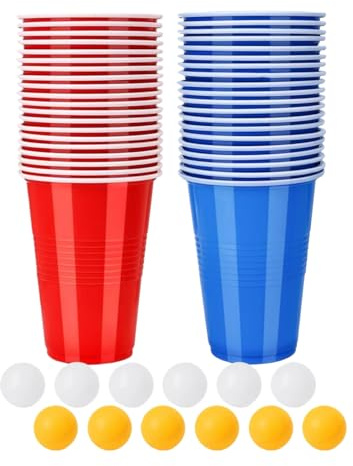 Alfven Jeux à Boire Gobelets en Plastique,Gobelet Beer Pong Kit,40Tasses(20 Rouge + 20 Bleu) et 12 balles,pour Une Fête d'anniversaire,Une Réunion d'amis,Une Réunion de Noël