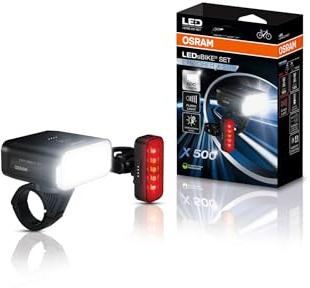 OSRAM LEDSBIKE EXPLORER X 500 SET, uppladdningsbart cykelljusset - fram och bak, terräng, tre ljusnivåer och blinkande ljus, 500 lumen, kompatibel med Garmin-fäste