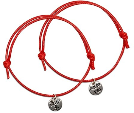 KAKI La Felicità è Nelle Piccole Cose Braccialetti di coppia Filo Rosso del destino con pendente colorazione Argento (coppia)