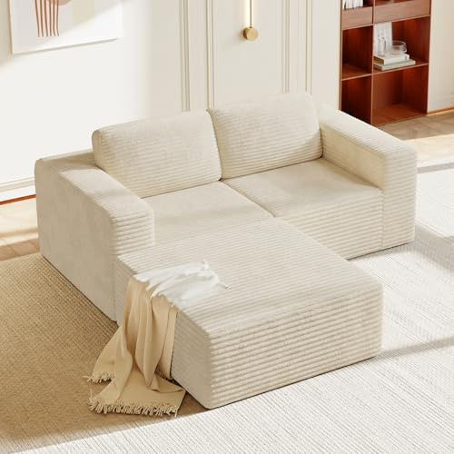 Vesgantti Modulares Cord-Ecksofa in Beige, 202 cm L-Form mit beweglicher Ottomane, Federkern und extra tiefer Sitzfläche, Flexibles Design für kleine Räume, Rutschfester Boden, kein Aufbau nötig