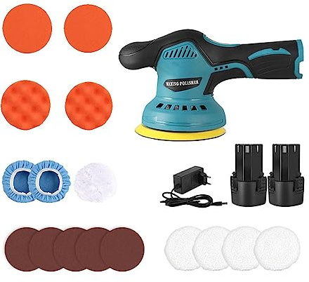 125mm Polisseuse Voiture Sans Fil 12V,Mini Polisseuse avec 2 * 1300mah Batteries,Vitesses 2800-5500RPM,8 Vitesses Réglables,pour l'entretien Voitures et Bateaux,Cirage et Finition Voitures (Bleu)