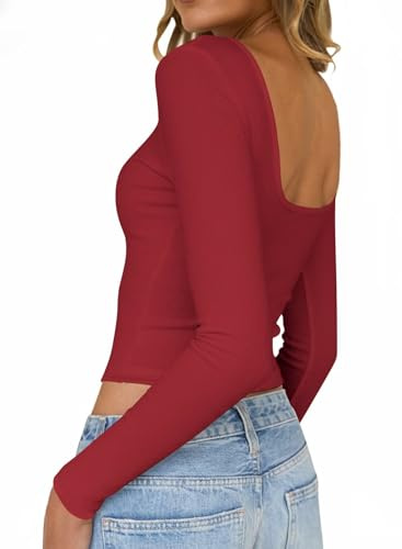 TUUHAW Women Tops Backless Long Sleeve Striped Slim Fitted Boat Neck Sexy | Elegant Going Out Top, Dressy Casual T Shirts, Basic Y2K Crop Tops, Lightweight Cute Ladies Blouse, Spring for Daily Wear