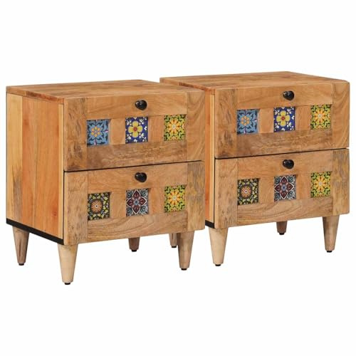 vidaXL Nachttisch 2 pcs Natur 40 x 33 x 46 cm Massivholz Mango, Elegante Nachttische, kompakte Ablage für Schlafzimmer, aus Mangoholz, praktische Endtische
