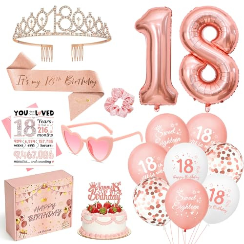 18. Geburtstag Mädchen Deko, 18 Geburtstag Deko für Roségold Geschenkbox | Krone, Schärpe, Luftballons, Brille, Grußkarte, Haarband, Tortentopper für Geburtstagsdeko 18 Mädchen