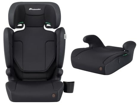 Bebeconfort Ride 2-in-1 i-Safe, Kindersitz mit Gurt, 100-150 cm, Full Black | Kindersitz, 3.5 - 12 Jahre, Abnehmbare Rückenlehne, Leicht (3.4 kg), 11 Kopfstützpositionen, Becherhalter
