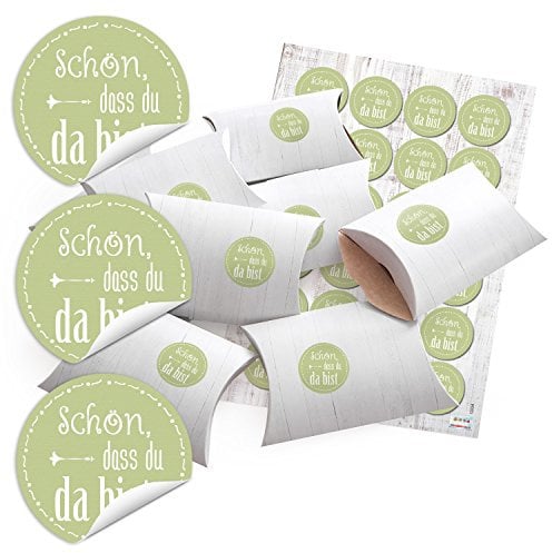 Logbuch-Verlag 24 kleine Geschenkschachteln weiß 14,5 x 10,5 x 3 cm + 24 Sticker SCHÖN DASS DU DA BIST grün weiß pastell Mini Schachtel Gäste Geschenk