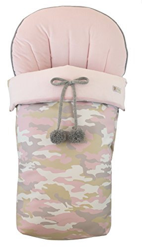 Winterfußsack Fußsack für Kinderwagen, aus synthetischen rosa Haaren und Kunstleder Camouflage Print.