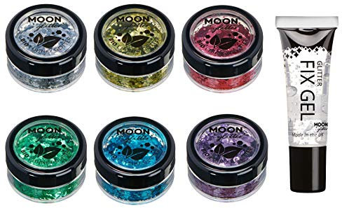 Biologisch abbaubarer Öko-Glitter von Moon Glitter - 100% kosmetischer Bio-Glitter für Gesicht, Körper, Nägel, Haare und Lippen - 6er-Set á 3g - plus Glitter-Fixierungsgel