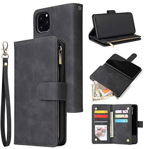 UEEBAI Wallet Case for iPhone 11, Premium Vintage PU Leather Magnetic Closure Handbag Zipper Pocket Case Kickstand Card Holder Slots with Wrist Strap TPU Shockproof Flip Cover for iPhone 11 - Black