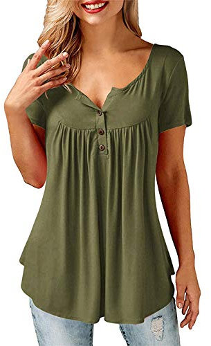 Beluring Ladies Short Sleeve Button V Neck Solid Plain Tshirts Tunic Tops Olive Green Size 18 20