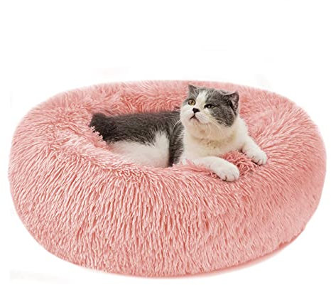 Hundebett Katzenbett Flauschig Rund aus Plüsch - Donut Kuscheliges Hundekissen Hundekorb Waschbar S/M/L/XL/XXL für Kleine, Mittelgroße und Große Hunde, Katzen und Andere Haustiere (S-40cm, Rosa)