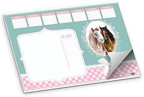 itenga Schreibtischunterlage Papier Motiv Pferde für Kinder Schüler Erwachsene Mädchen Frauen I 50 Blatt DIN A3 I ideal für Büro oder Schule I Schreibunterlage