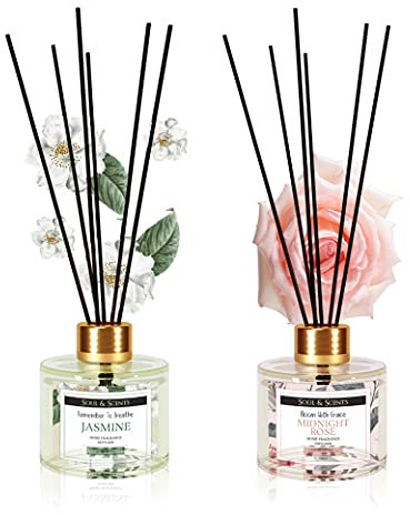 Soul & Scents Jasmine & Midnight Rose Reed Diffuser Set - 120ml with 6 Fiber Sticks Each | Stress Relief & Aromatherapy | Scented Air Freshener for Home, Bedroom, Bathroom & Office | Pack of 2
