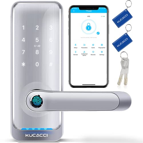 Serrure de porte intelligente à clavier avec poignée : Kucacci Serrure intelligente d'entrée sans clé pour porte d'entrée – Code électronique pour porte extérieure – Serrure à pêne dormant à bouton de