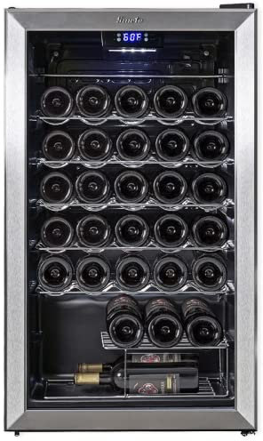 SMETA Wine Fridge | Beer, Wine & Drinks Fridge with Glass Door, 33 Bottles under counter wine cooler,digital touch screen & LED Lights, wine cooler fridge with Stainless Steel Frame, Black, 95L
