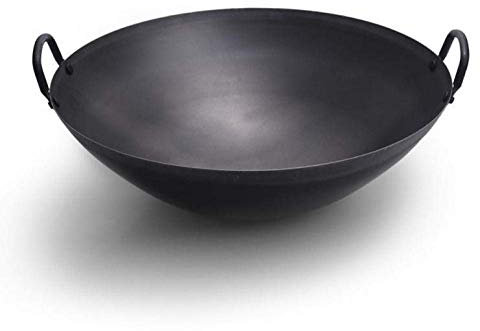 KDOQ Non Stick Wok Pan Iron Wok Cast Iron Wok Pan Double Handle Round Base Cast Iron Wok,40cm