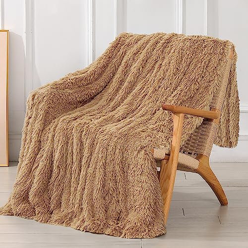 Tuddrom Coperta decorativa extra morbida in finta pelliccia, 127 x 152,4 cm, tinta unita, reversibile, a pelo lungo, soffice e confortevole, in pile di microfibra, per divano, letto, cammello