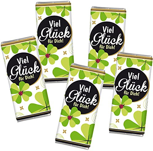 STEINBECK Geschenk-Schokolade - Viel Glück für dich - 5 mal Minischokolade Glückwunsch Neujahr Silvester Glückskäfer Glücksklee Prüfung Abitur Studium Beruf