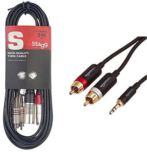 Stagg STC3CMXM Cable RCA a XLR (macho, 3 m) + Amazon Basics Cable adaptador (3,5 mm a 2 machos RCA, 1,2 m)