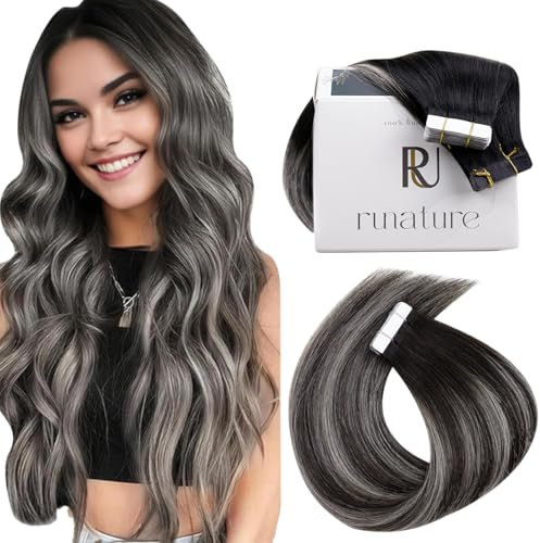 RUNATURE Tape Extensions Echthaar Schwarz Ombre Silber 35cm 20Stück 40g Glatt #1B/Silber/1B